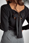 Red Metallic Bowknot Open Back V Neck Top