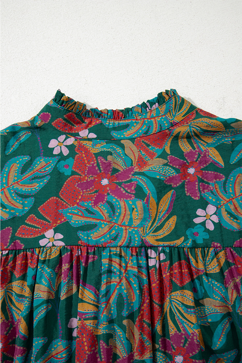 Green Floral Friled V Neck Puff Sleeve Ruffled Shirt Dress