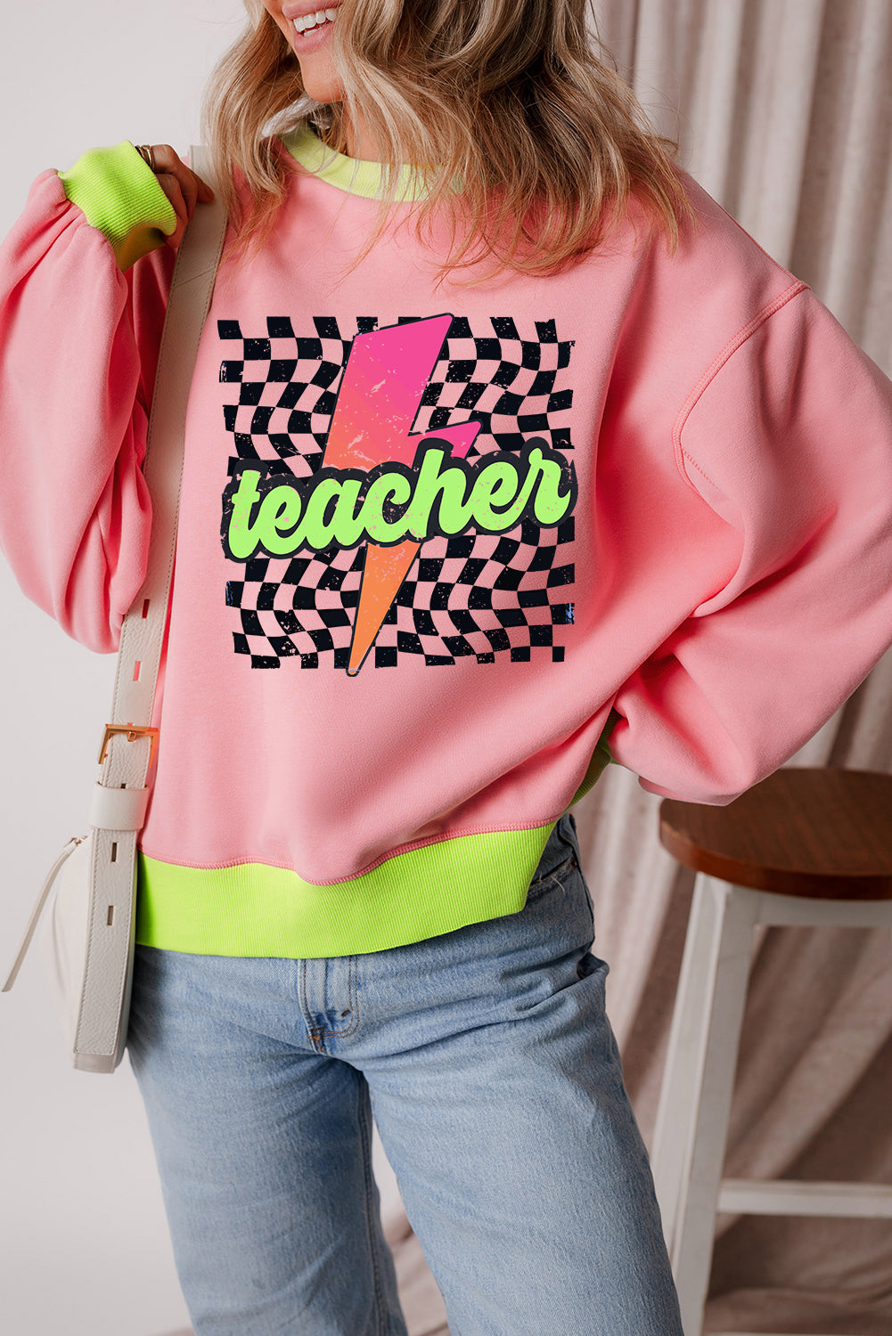 Blue Colorblock Bubble Sleeve Sweatshirt