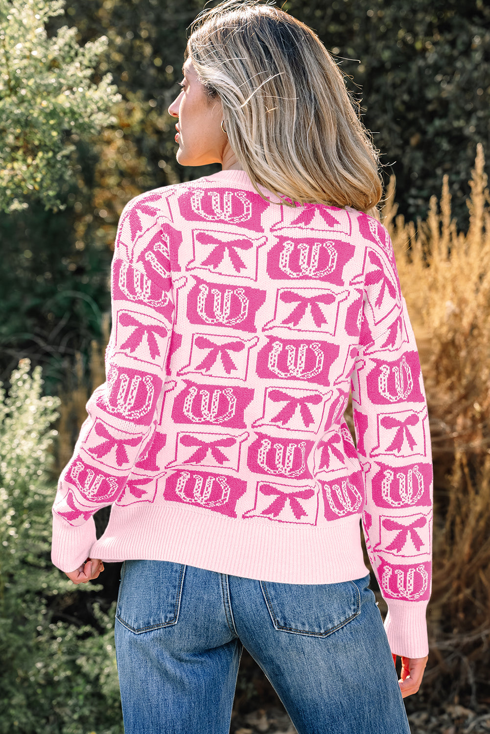 Brown Bows & Horseshoes Pattern Western Fashion Print Sweater