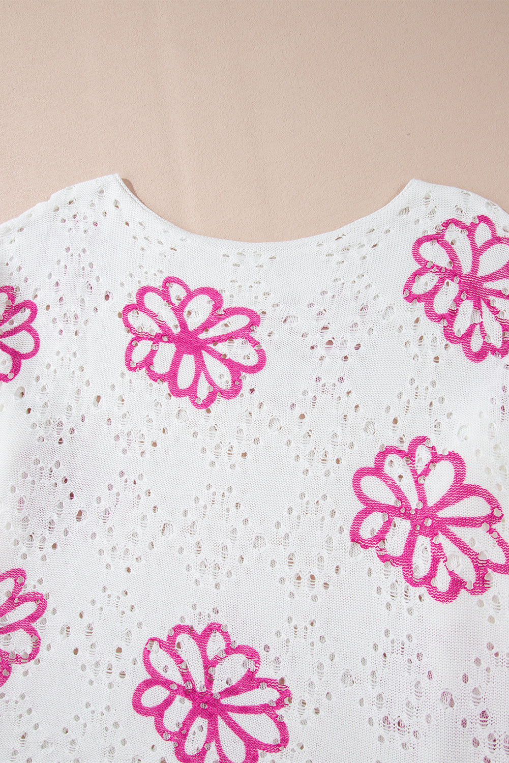 Beige Contrast Flower Print Eyelet Drop Shoulder Sweater