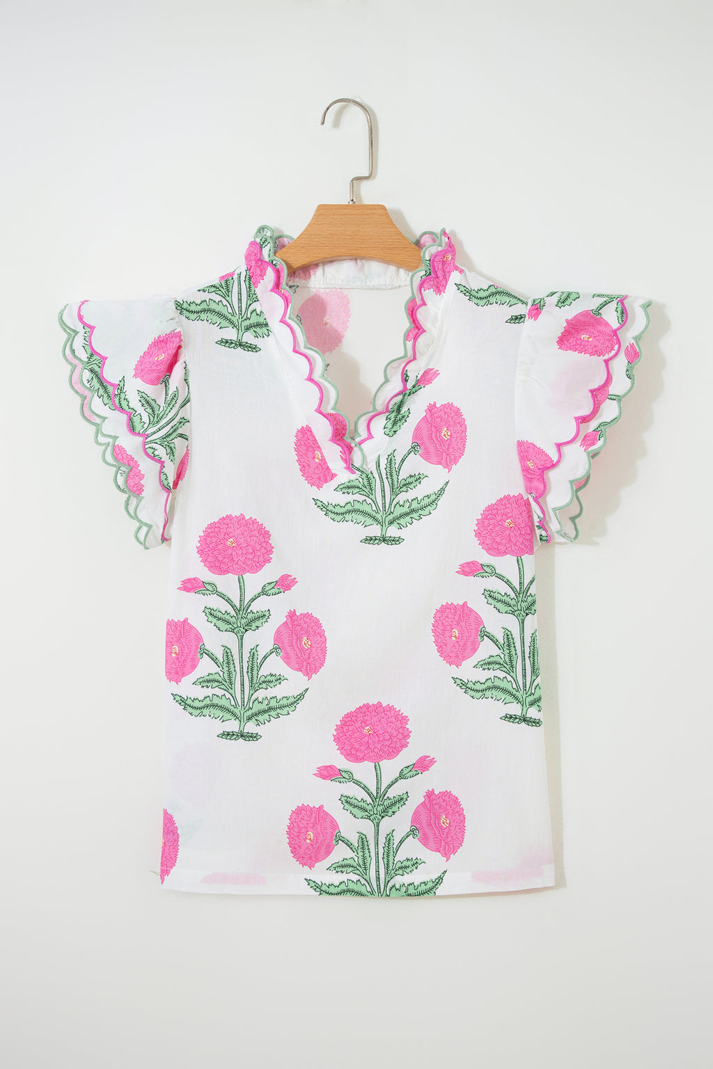Blue Wild Flower Print Contrast Trim Scallop Detail Short Sleeve Blouse