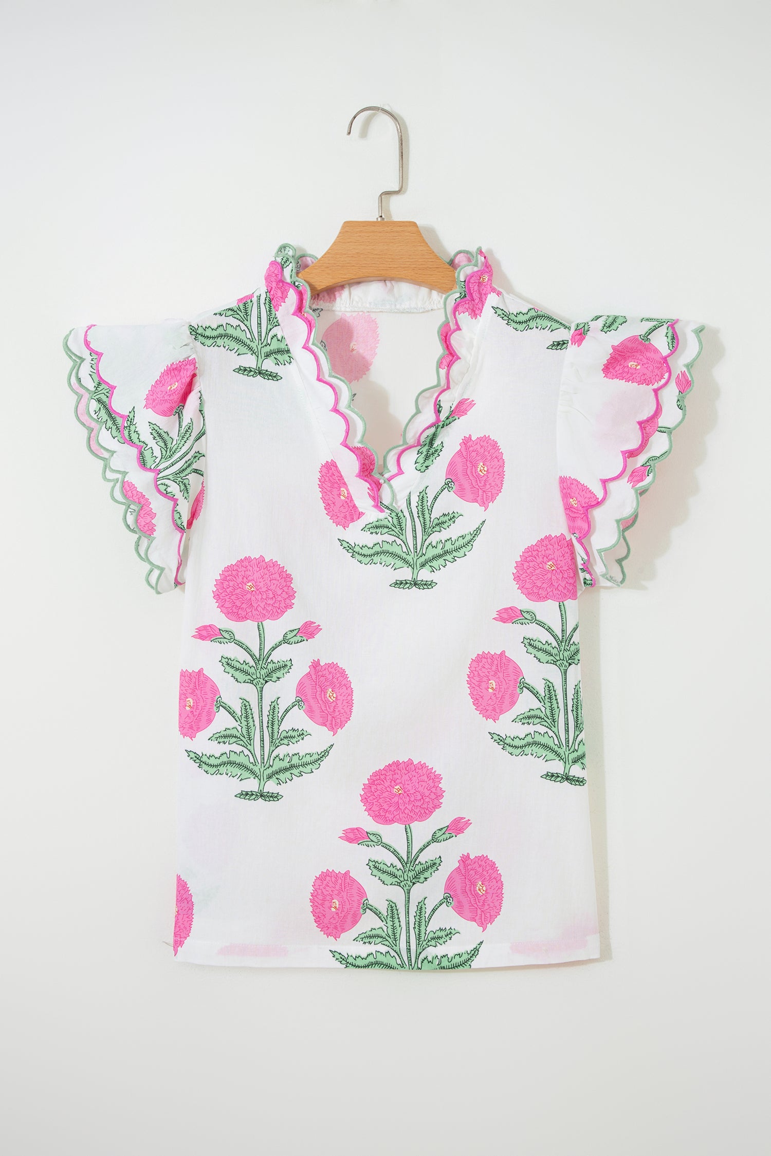 Blue Wild Flower Print Contrast Trim Scallop Detail Short Sleeve Blouse