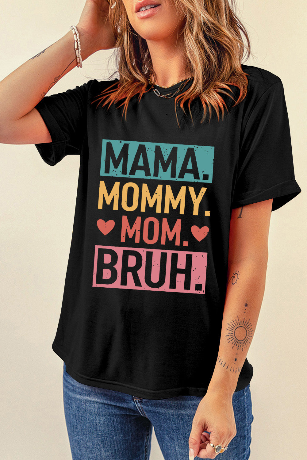 White MAMA Floral Block Graphic Casual T Shirt