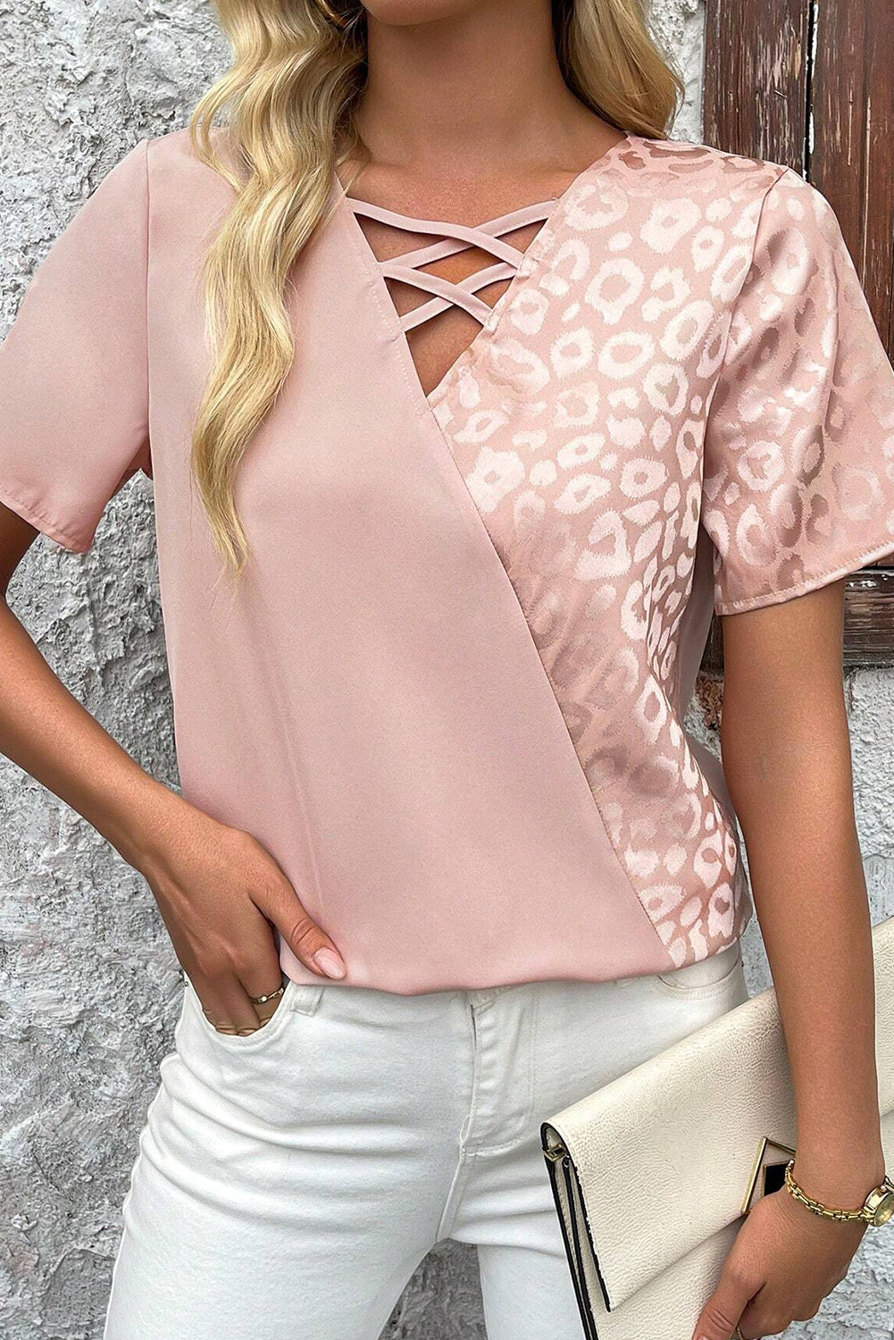 Apricot Pink Leopard Jacquard Patchwork Crisscross V Neck Short Sleeve Blouse