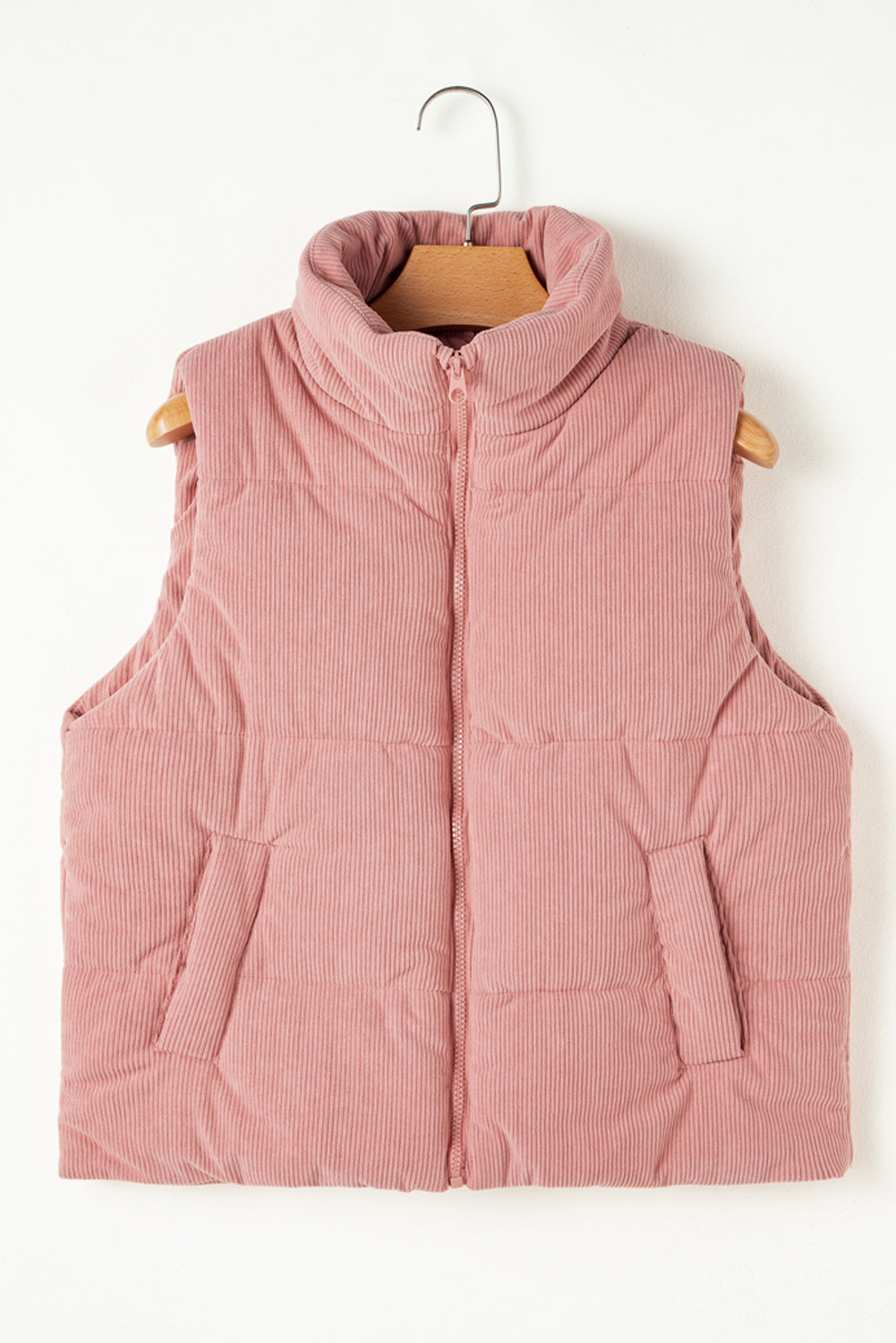 Beige Corduroy Stand Neck Zipped Puffer Vest