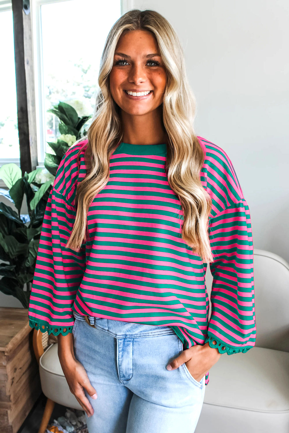 Racing Red Striped Print Drop Shoulder Lace Trim Bracelet Sleeve Loose Top