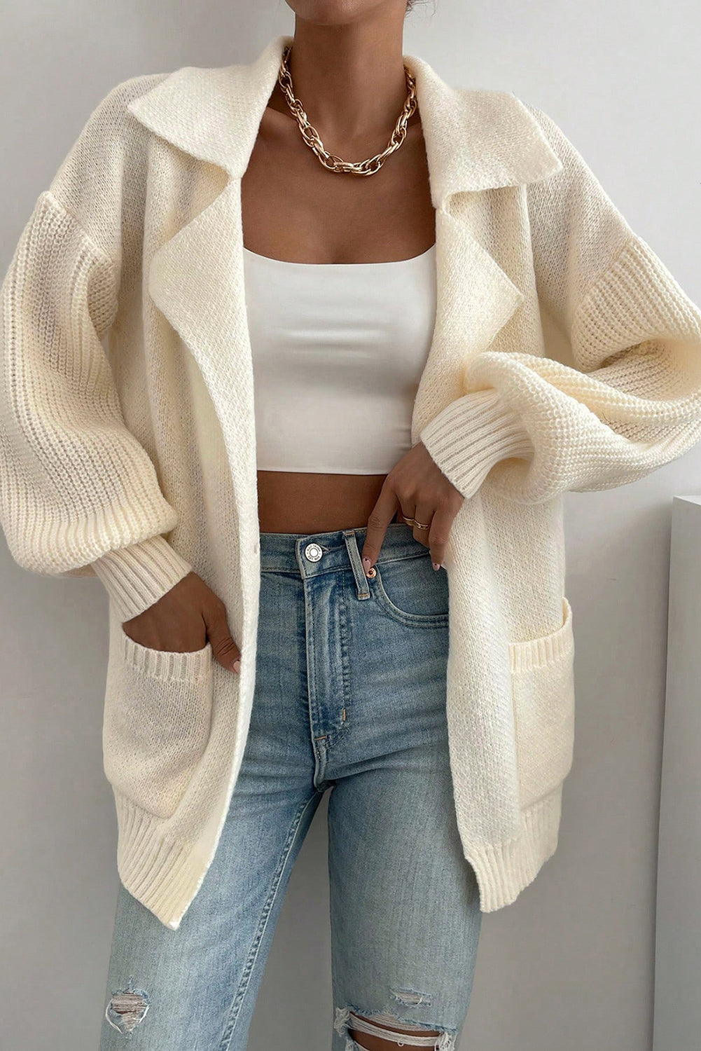 Beige Solid Color Knit Lapel Collar Single Button Sweater Cardigan