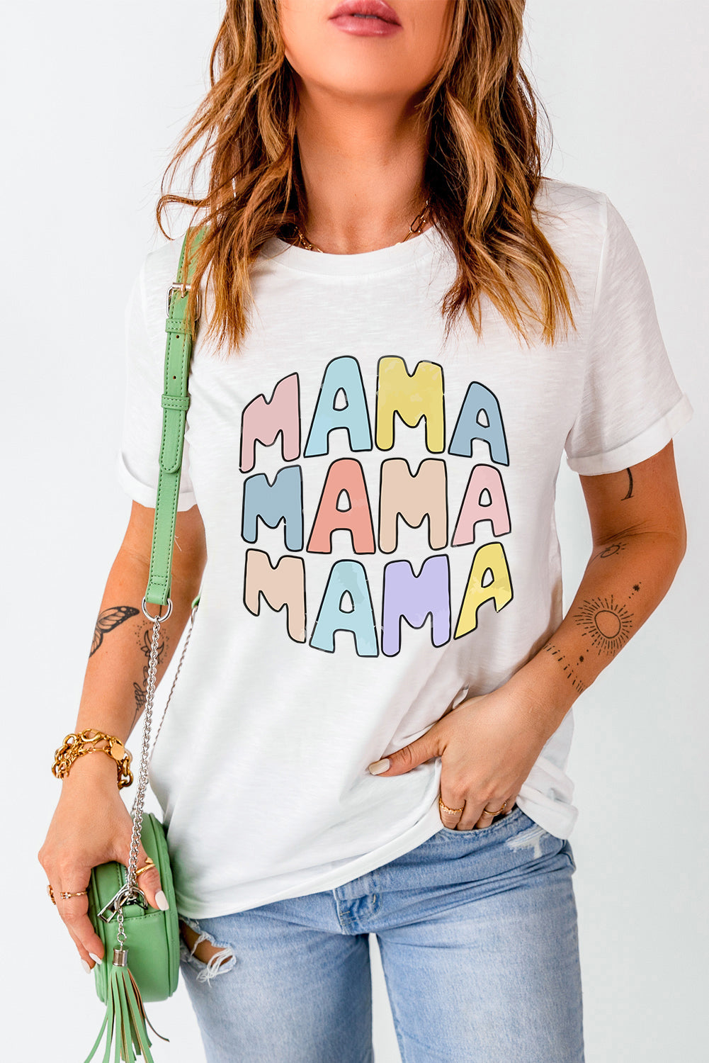 White MAMA Floral Block Graphic Casual T Shirt