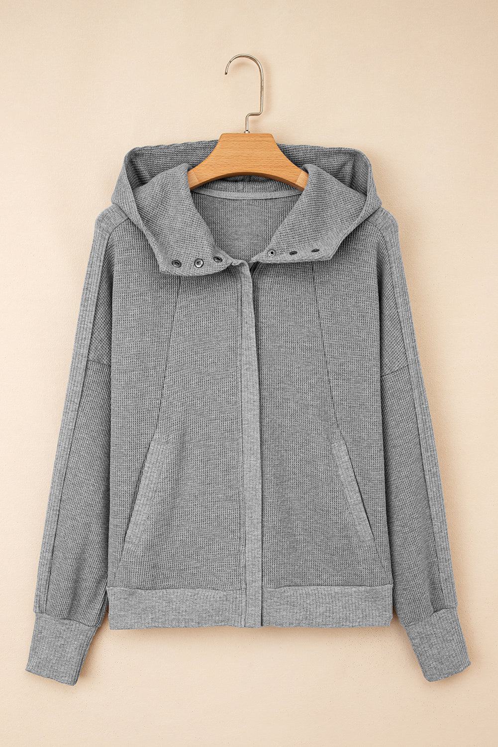 Burgundy Waffle Splicing Zip Up Front Button Hooded Jacket