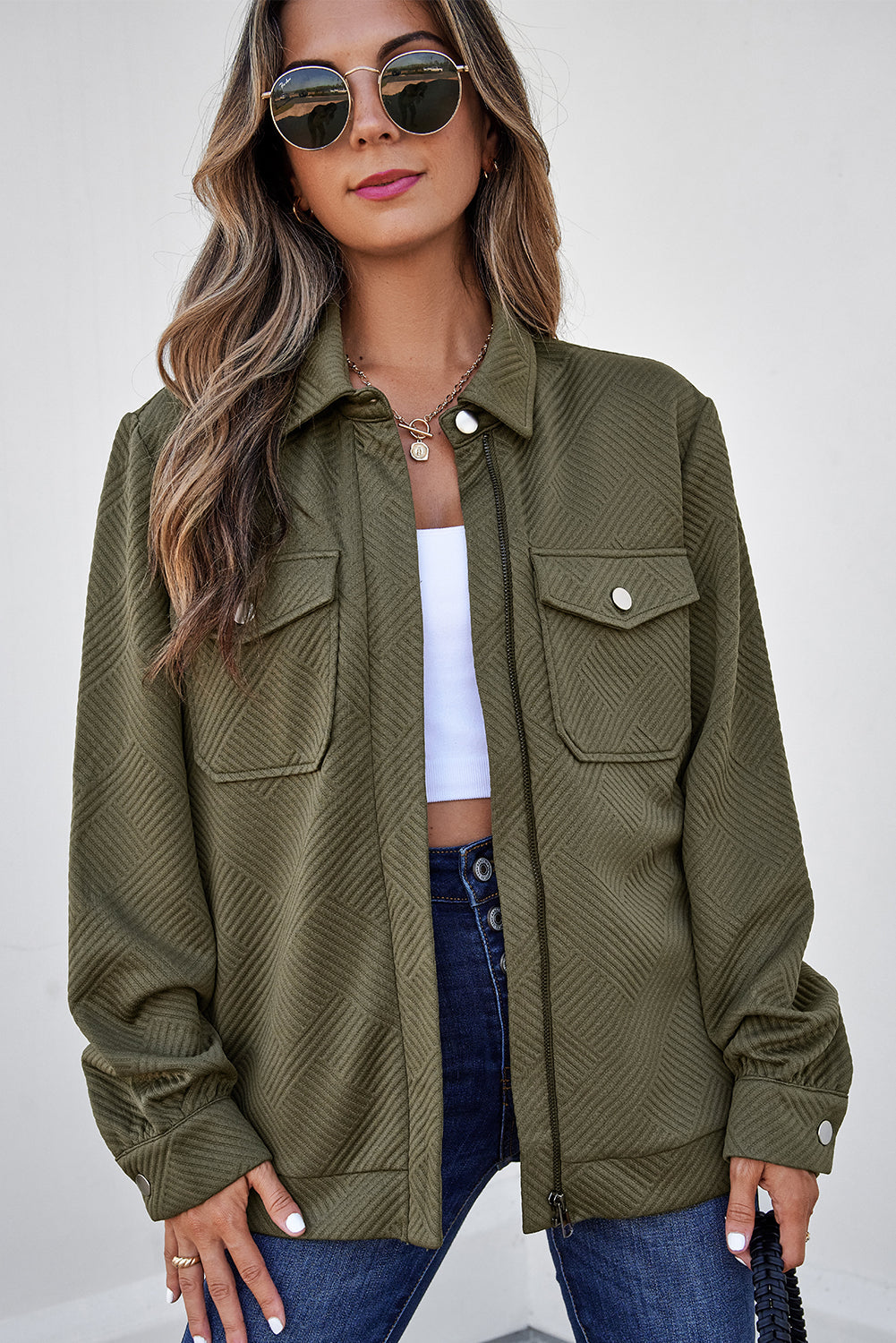 Coffee Solid Color Zip Up Button Flap Pocket Shirt Collar Jackets