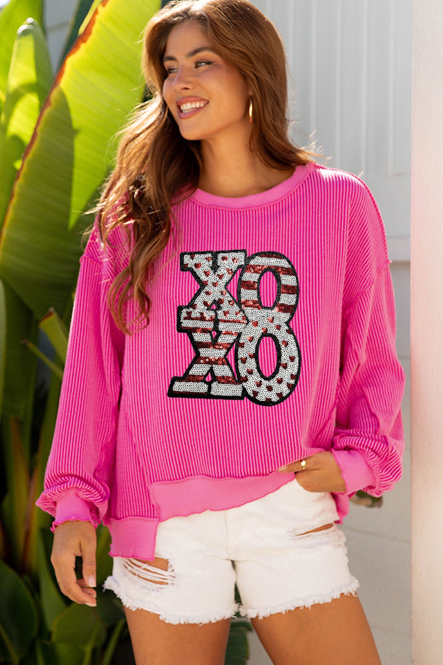 Strawberry Pink Twisted Ribbed Color Block Patchwork Sequin XOXO Letter Graphic Pullover Top