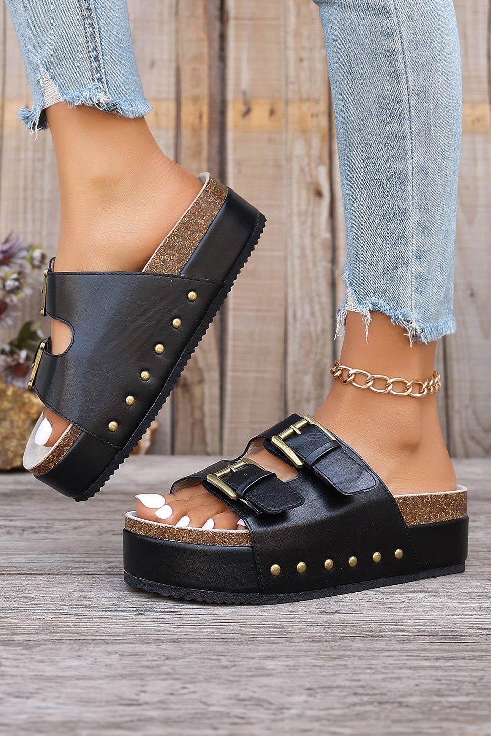 Chestnut Suede Buckle Decor Footbed Sandal Slippers