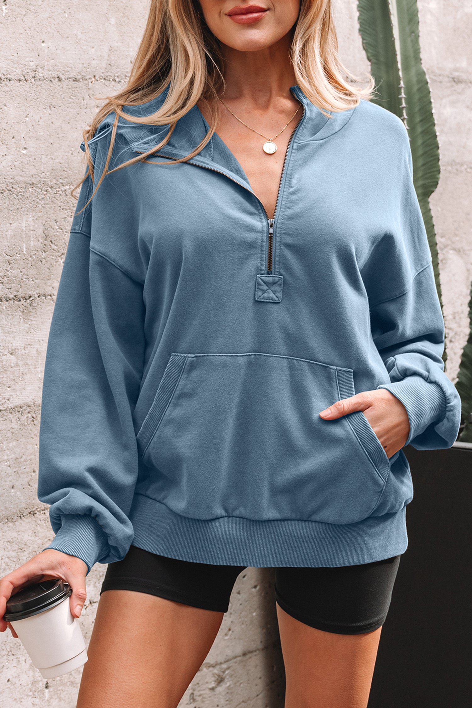 Canton Half Zip Kangaroo Pocket Mineral Wash Baggy Hoodie