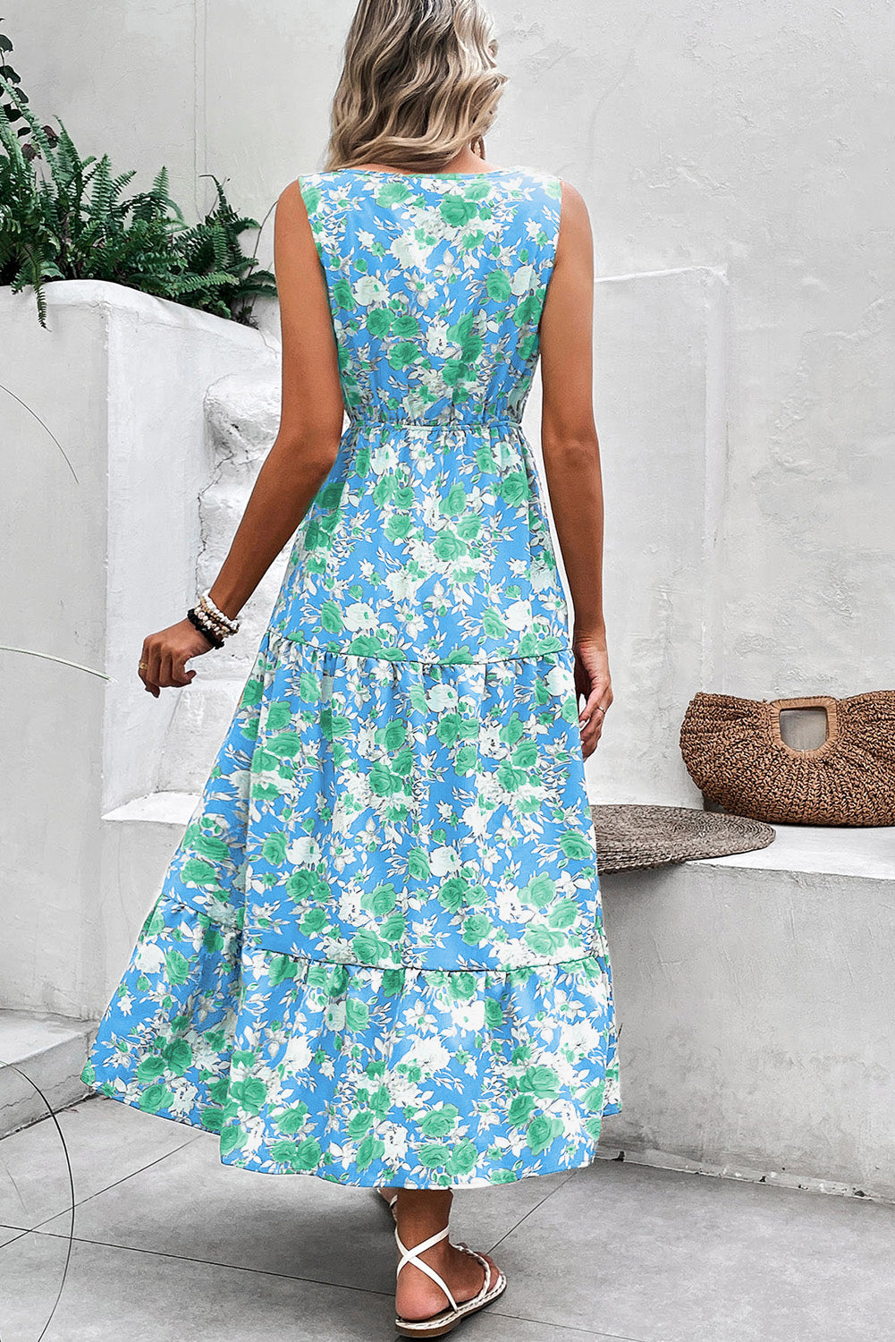 Green Floral Print Trimmed V Neck Tie Waist Sleeveless Holiday Long Dress