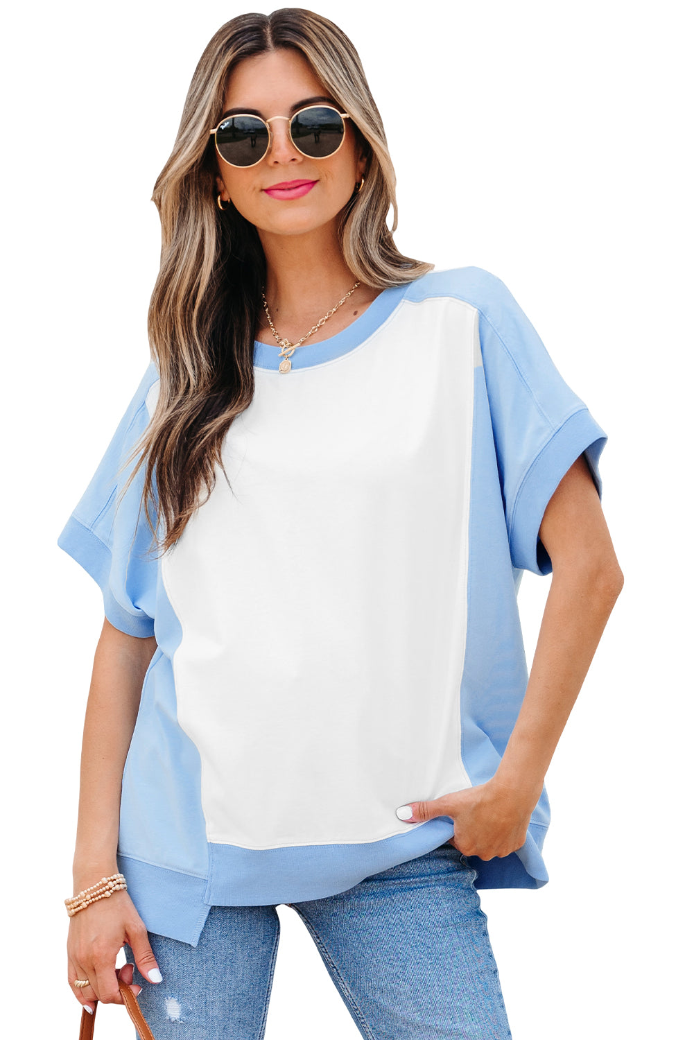 Light Green Color Block Exposed Seam Crew Neck T Shirt