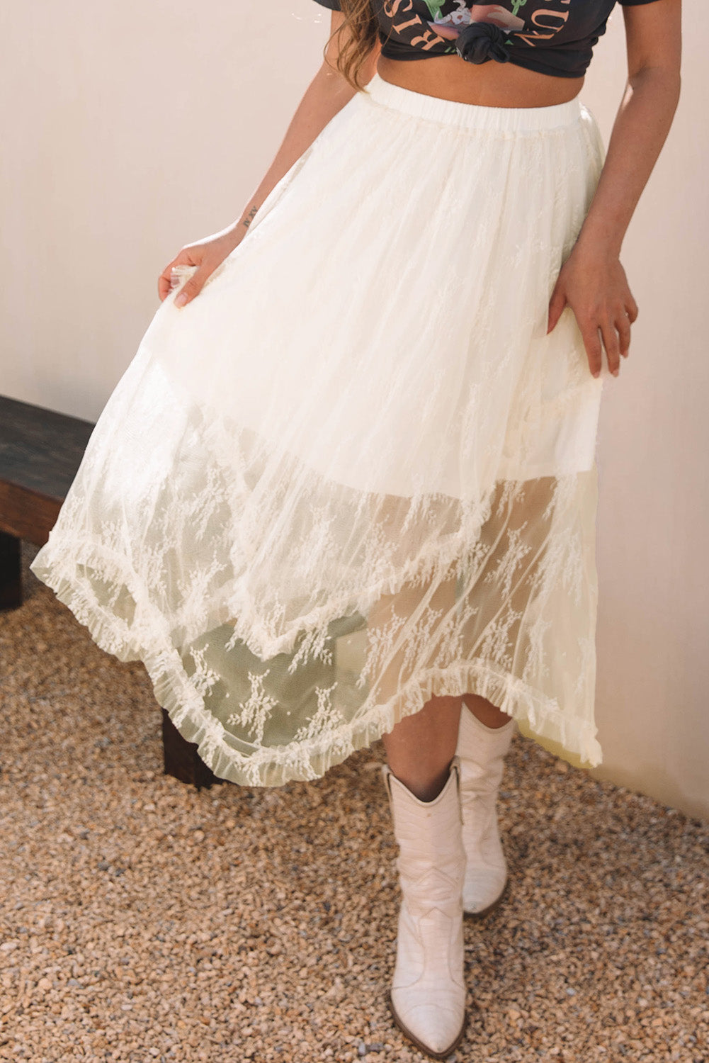 Apricot Lace Cascading Tiered High Waist Maxi Skirt