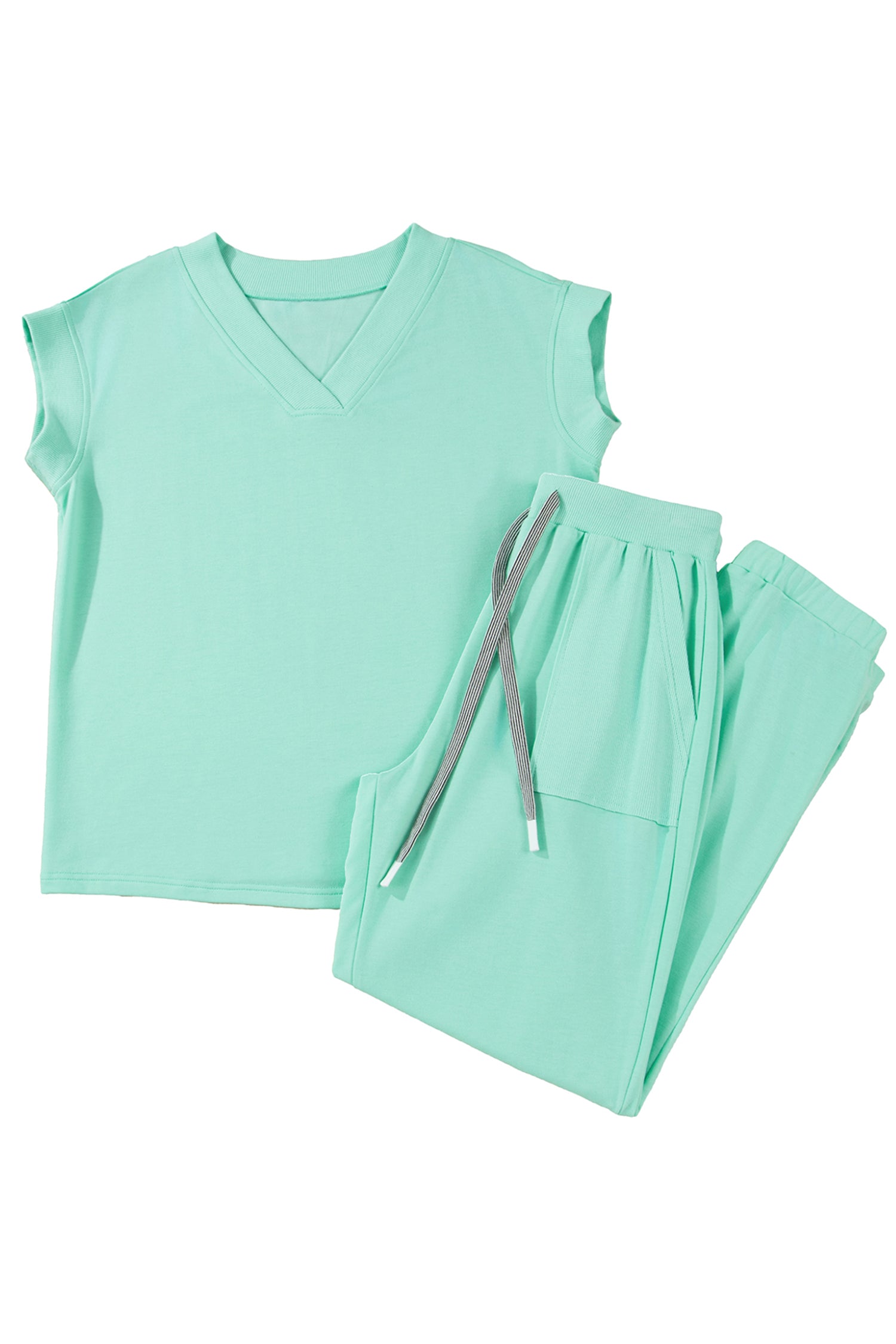 Mist Blue Solid Color Loose Tee Drawstring Wide Leg Pants 2pcs Outfit