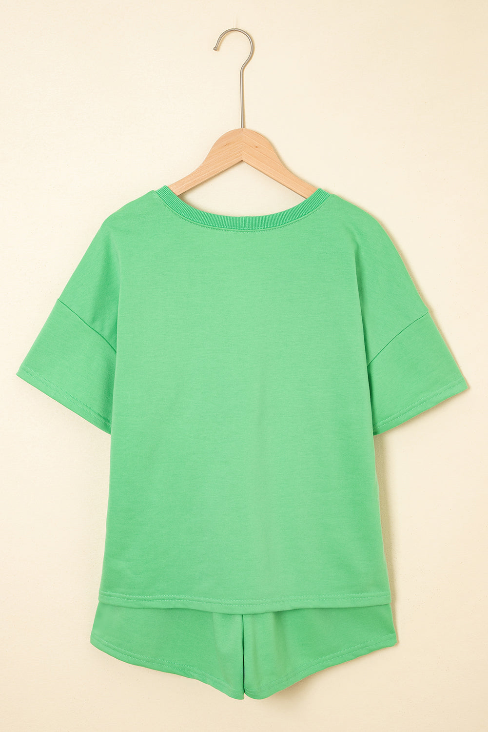 Mint Green V Neck Drop Shoulder Tee and Patchwork Drawstring Elastic Waistband Shorts Set