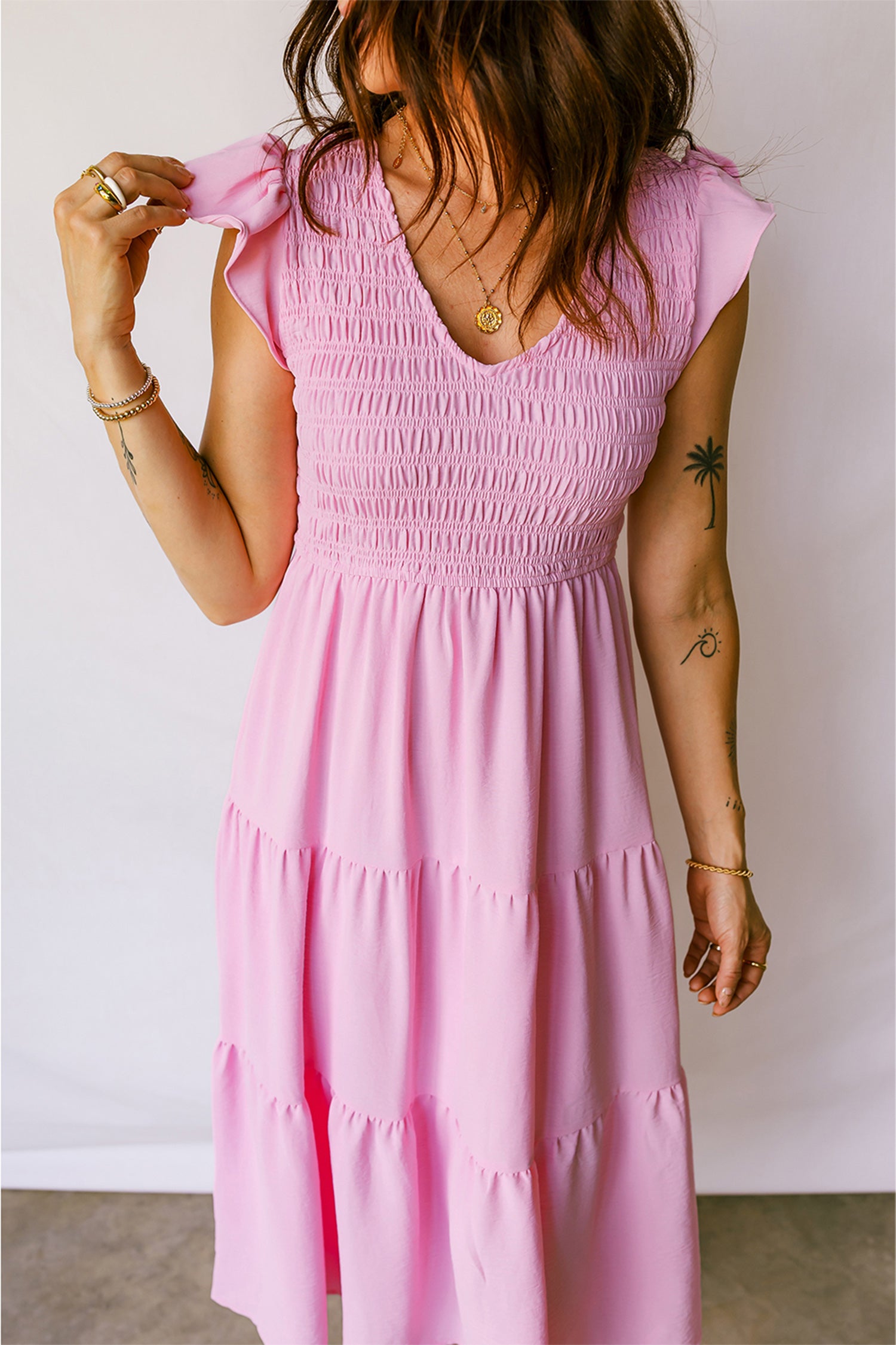 Pink Smocked Bodice Flutter Sleeve Fit Flare Tiered Midi Dress