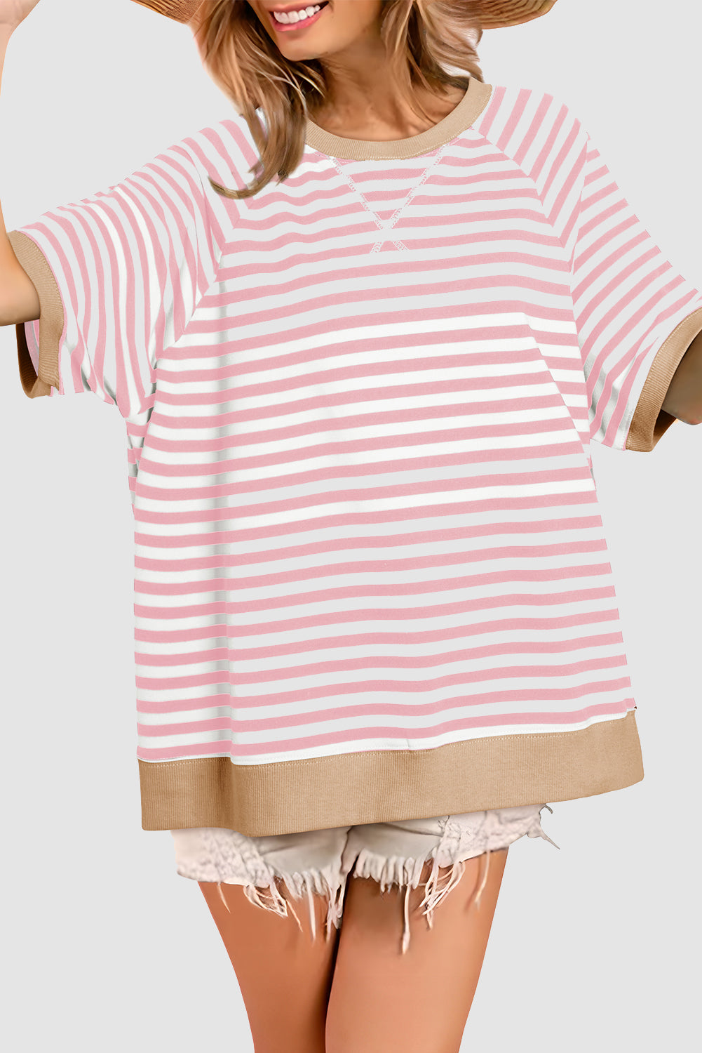 Pink Stripe Contrast Ribbed Patchwork Oversize T Shirt