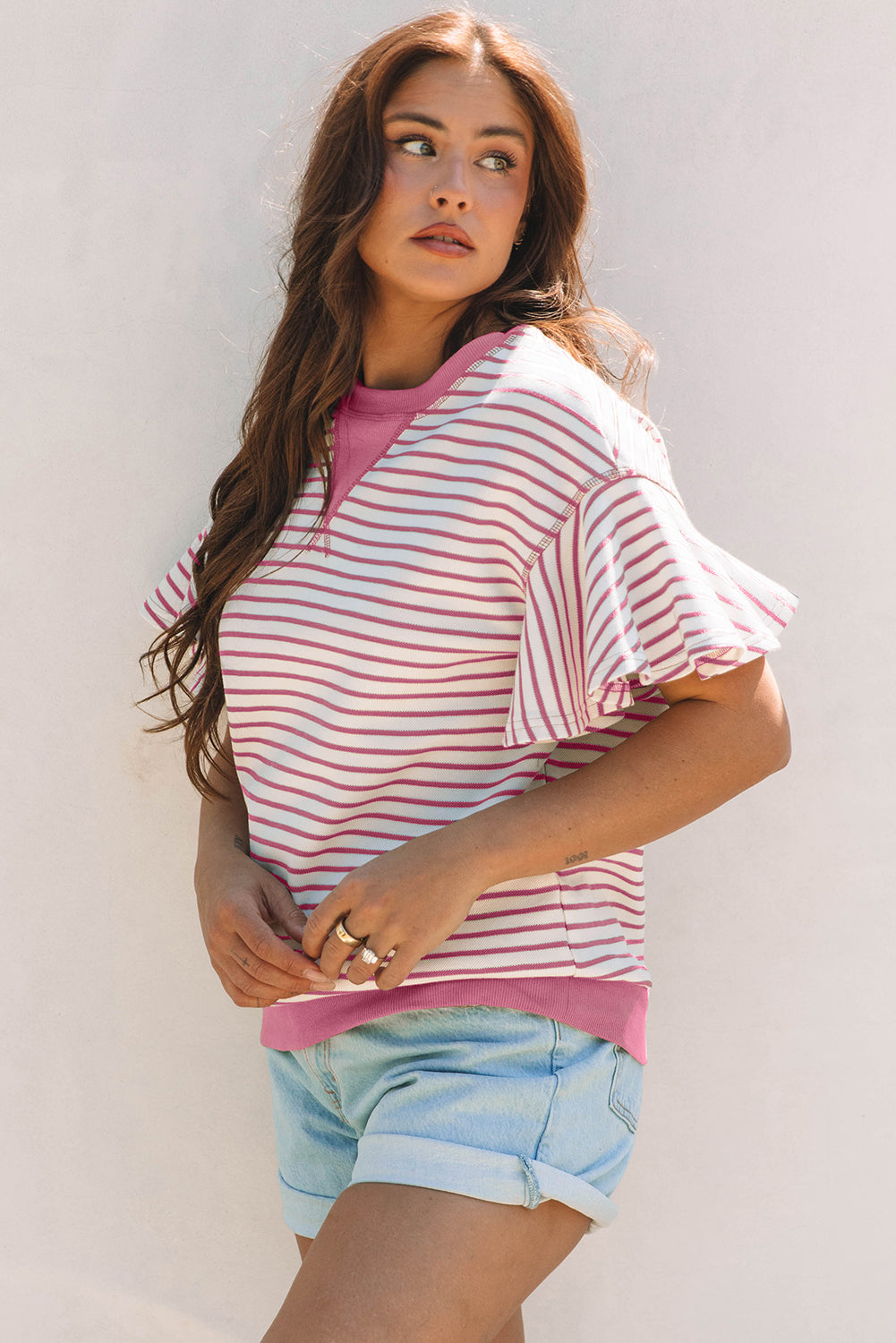 Bright Green Contrast Detail Striped Ruffle Short Sleeve Top