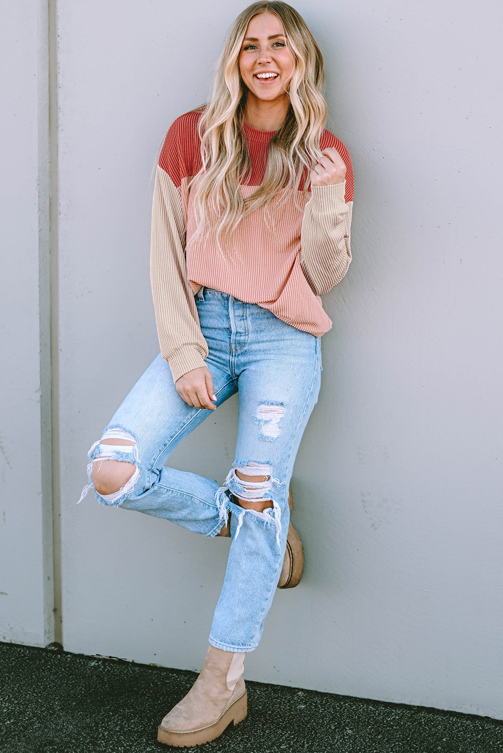Pale Chestnut Color Block Corded Long Sleeve Top