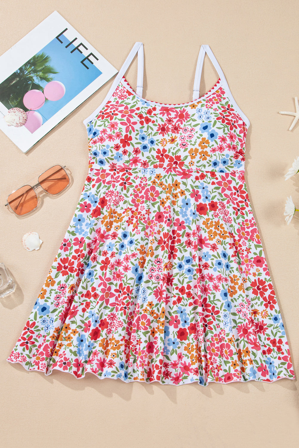 Red Floral Print Ricrac Trim Spaghetti Strap One Piece Swim Dress
