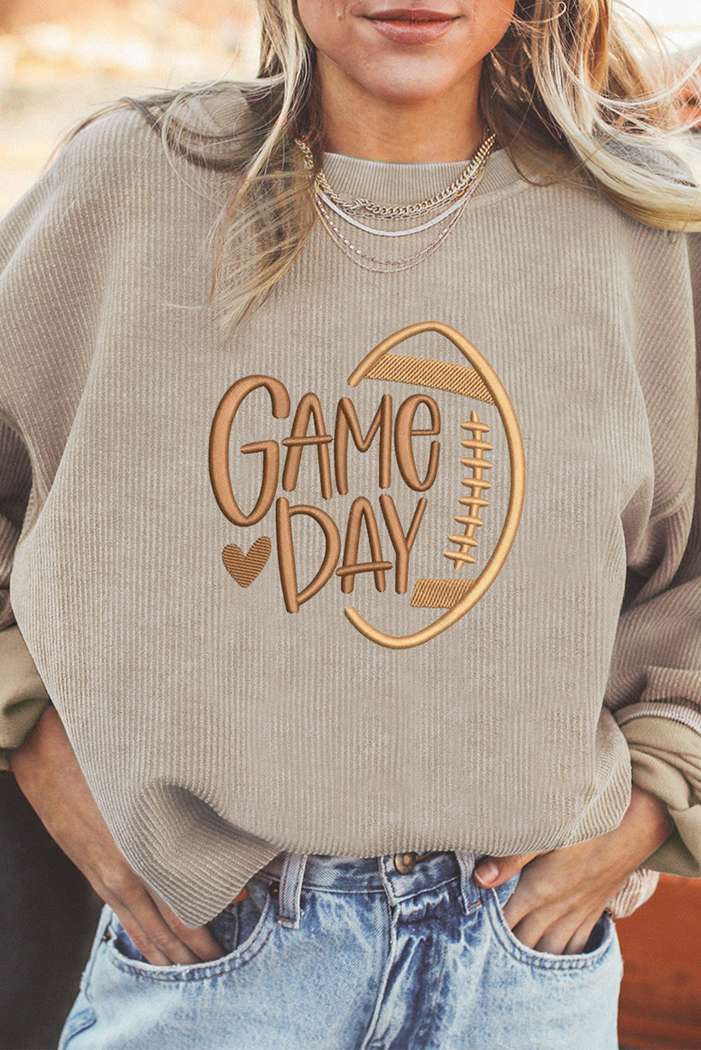 Apricot Rugby Game Day Embroidered Corduroy Sweatshirt