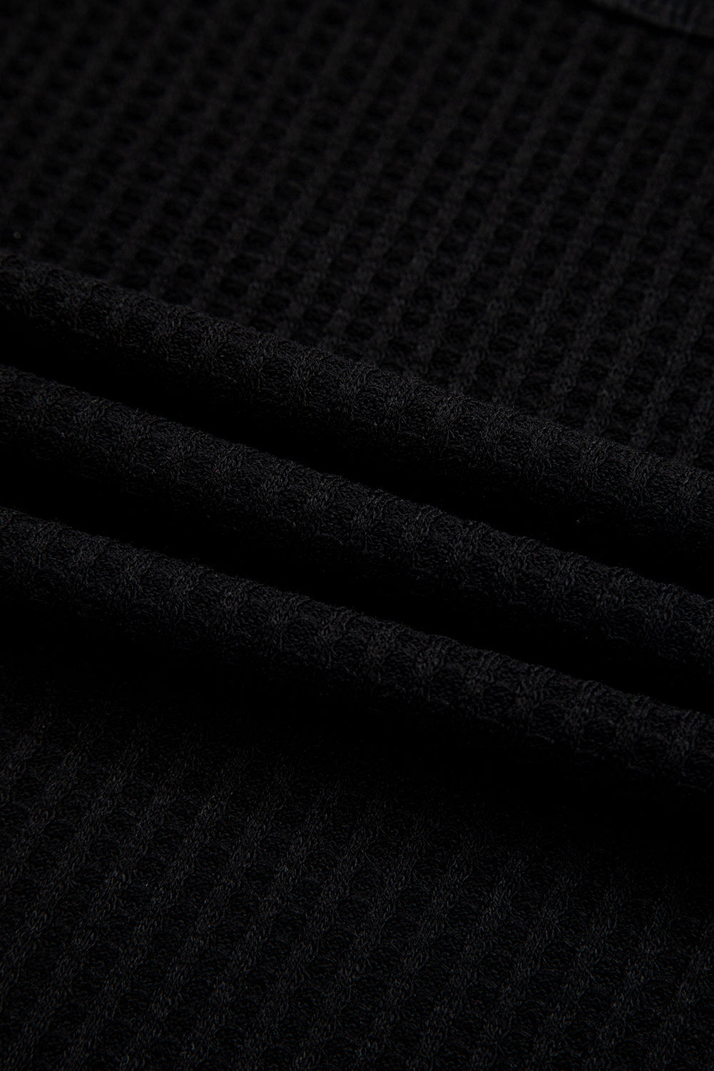 Black Waffle Texture Ribbed V Neck Drop Shoulder Loose Tee