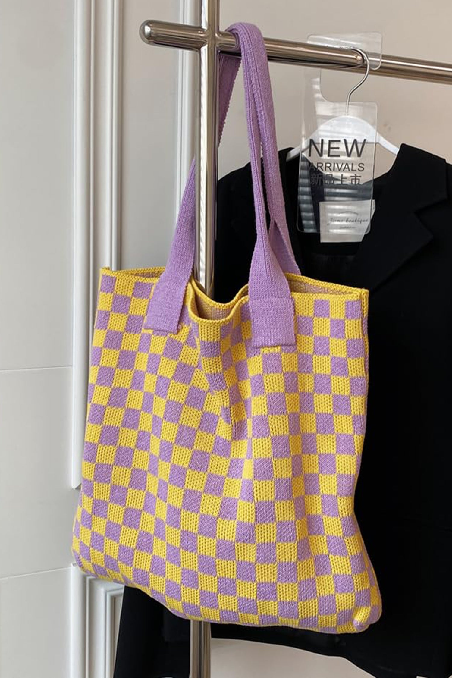 Color black Checkered Knit Eco-Friendly Tote Bag