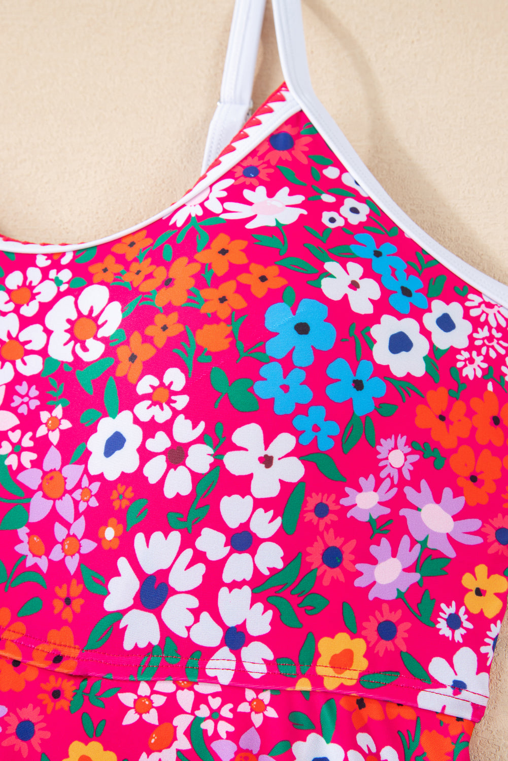 Red Floral Print Ricrac Trim Spaghetti Strap One Piece Swim Dress