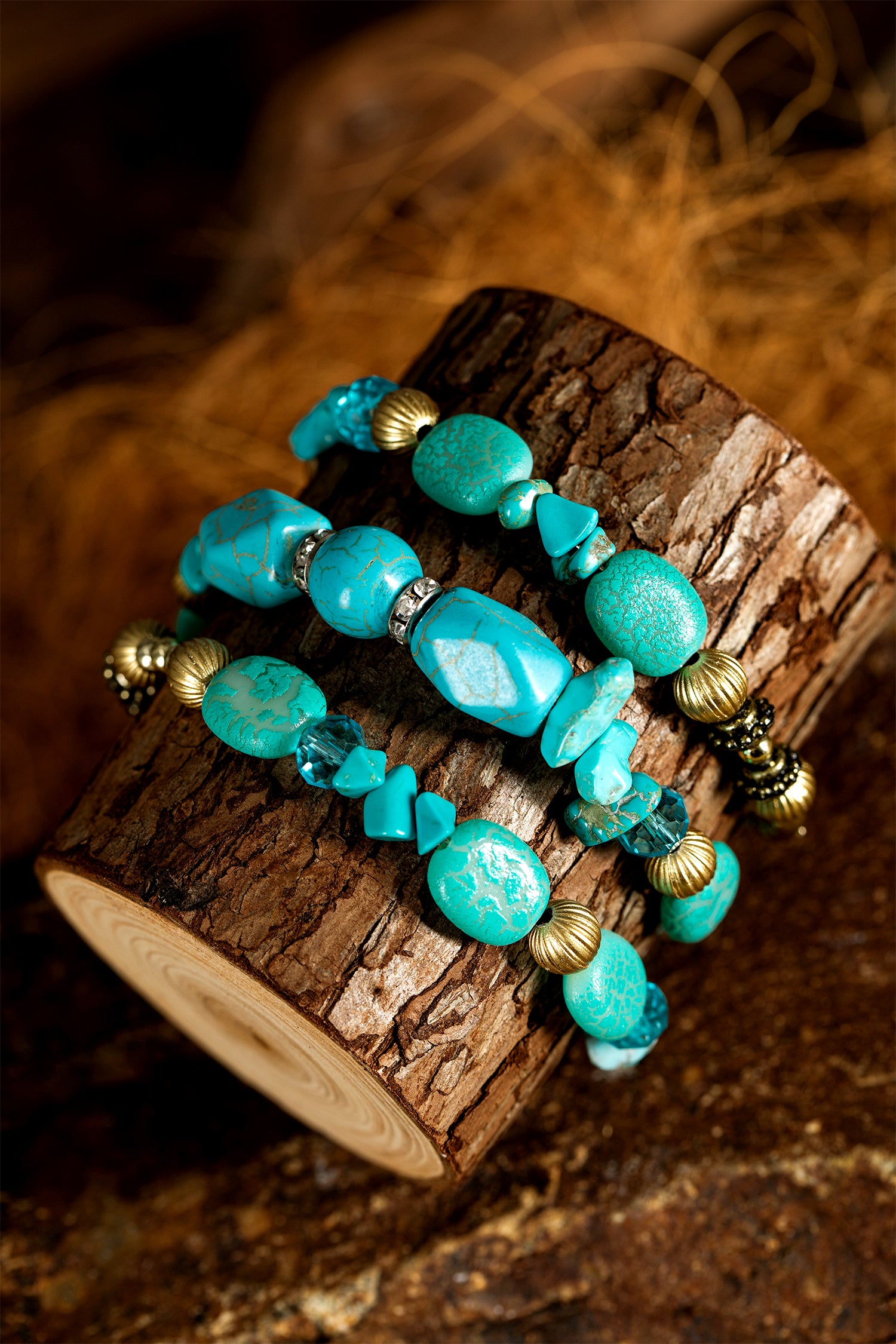 Turquoise Bohemian Style Crystal Stone Plated Bead Multi-Layer Winding Bracelet