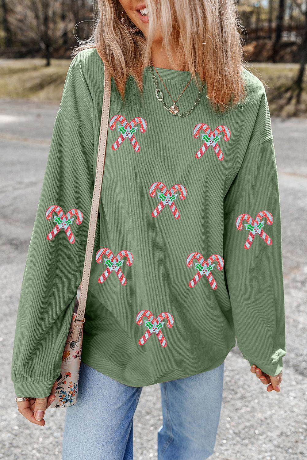Grass Green Candy Cane Shimmer Patched Corded Baggy Sweatshirt