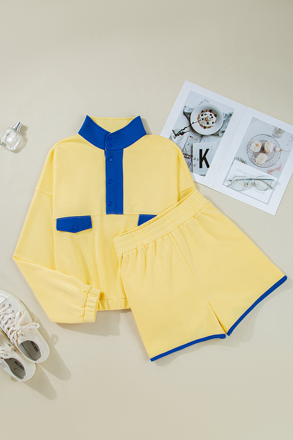 Red Dahlia Color Block Patchwork Half Button Pullover and Shorts 2pcs Outfit
