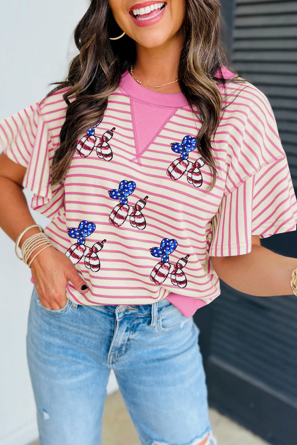 Bright Green Contrast Detail Striped Ruffle Short Sleeve Top