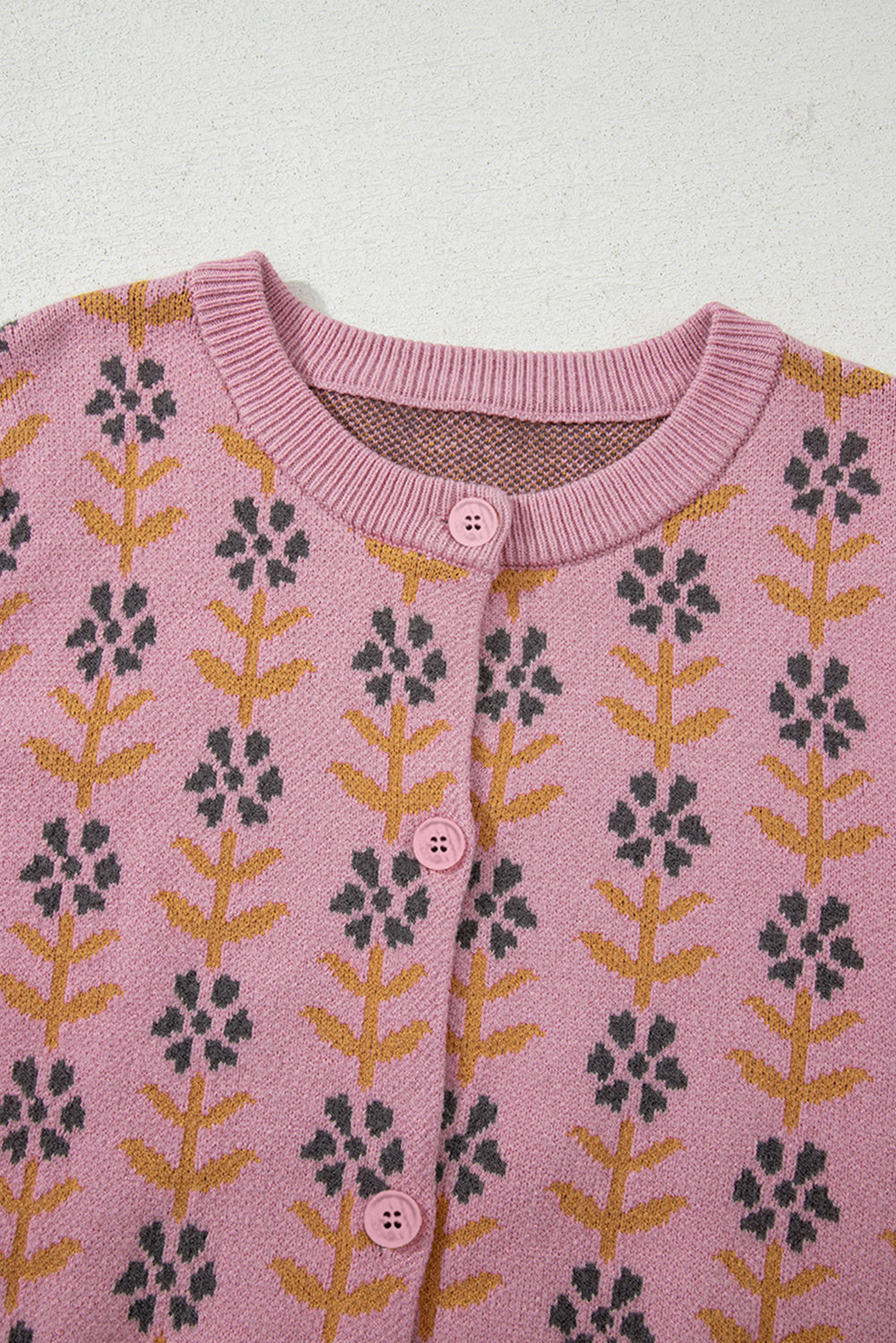 Pink Floral Button Down Ribbed Banded Cardigan Sweater