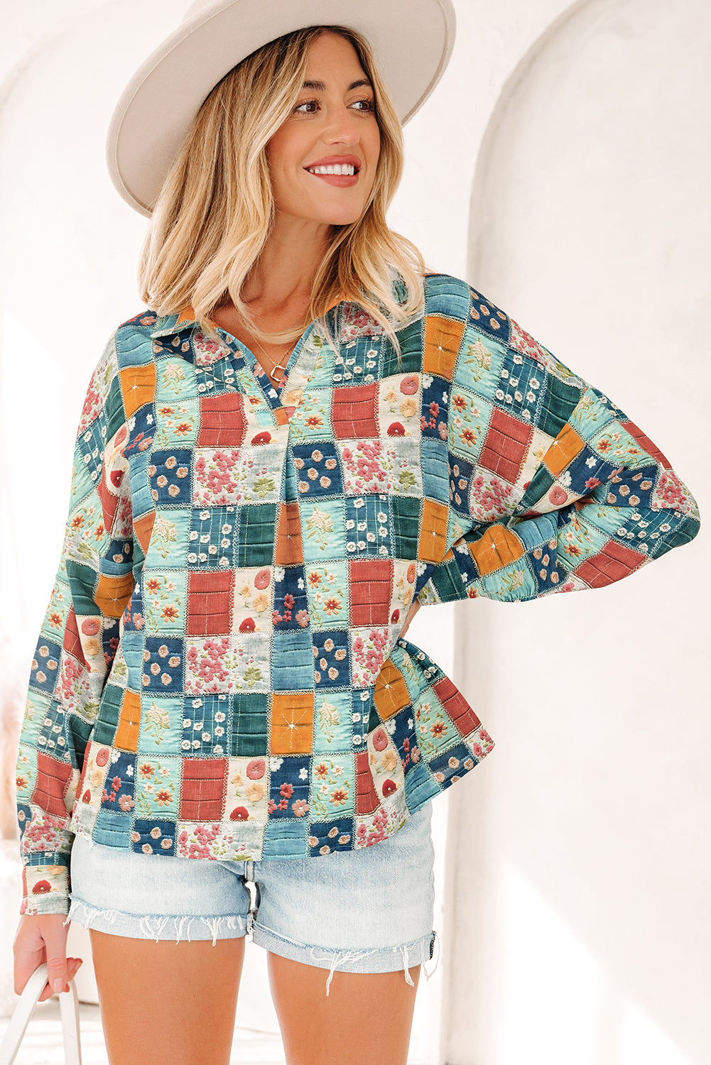 Sky Blue Mix Floral Checkered Pattern Bubble Sleeve Ruffle Hem Dress