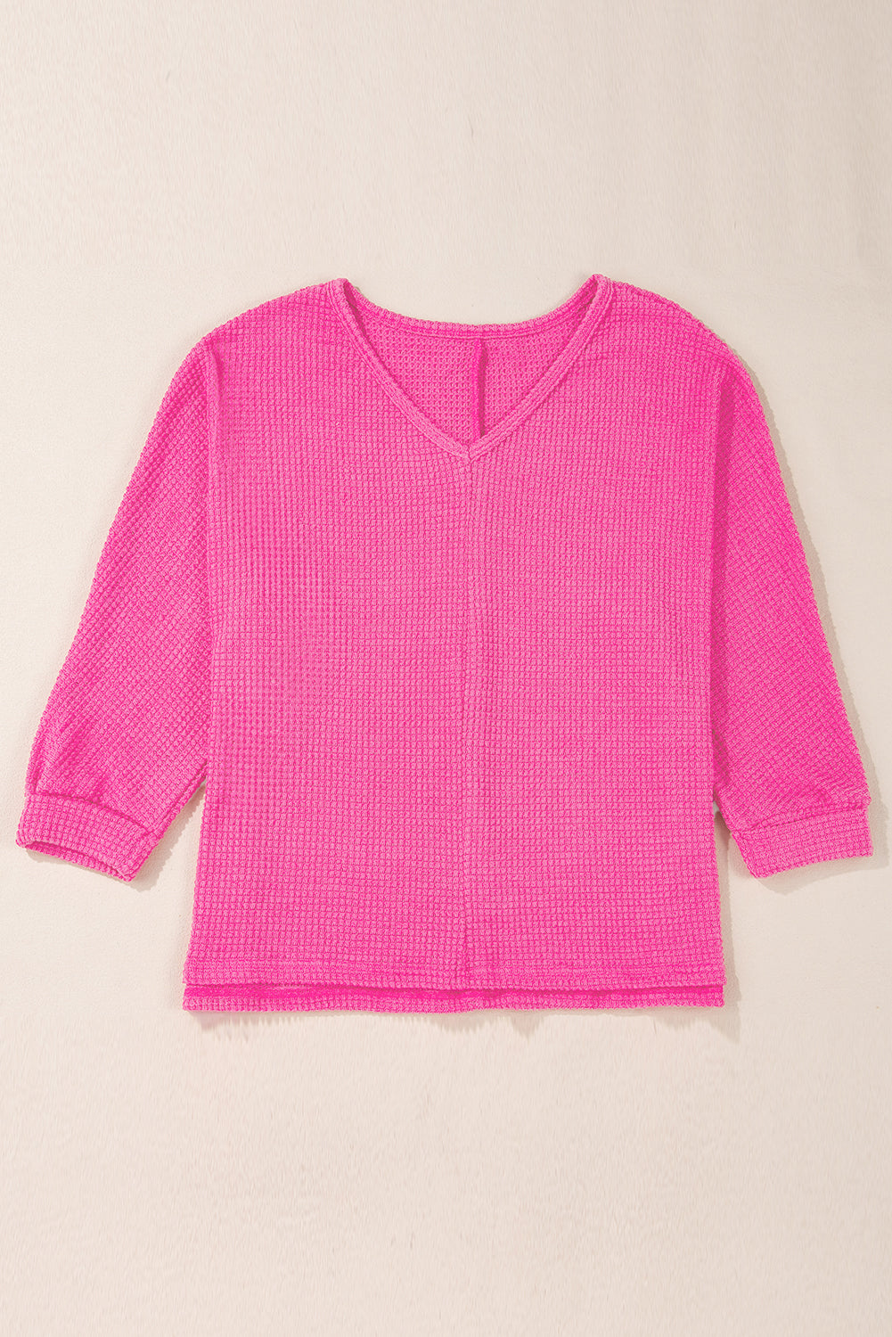 White Waffle Knit Side Slits Loose Fit V Neck Top