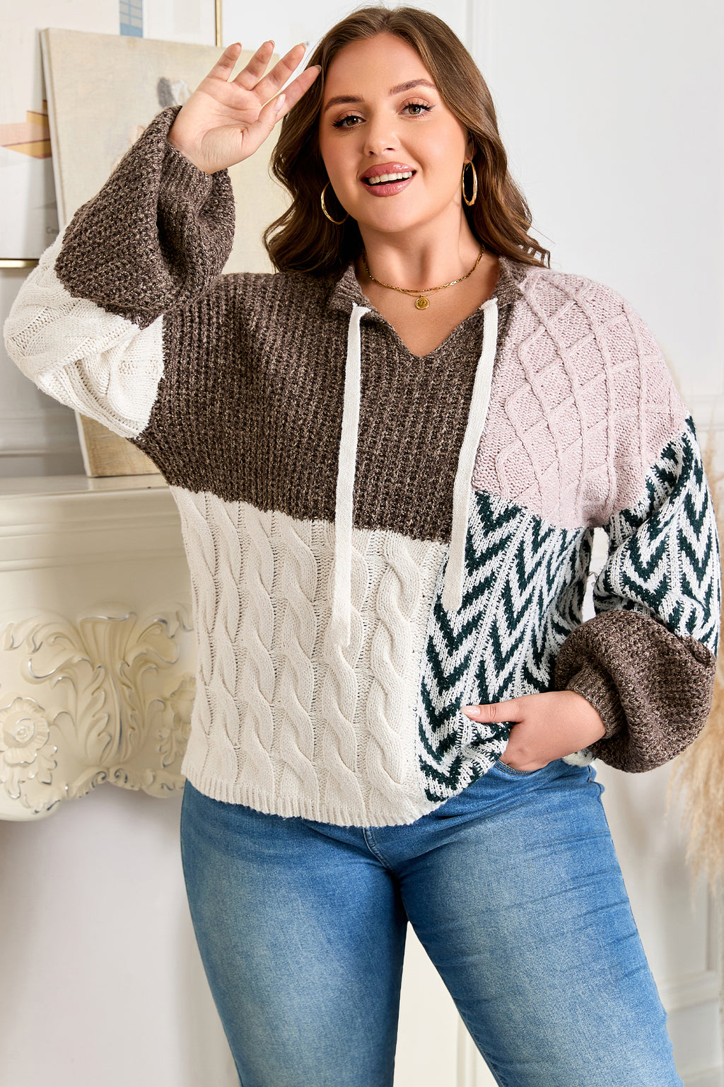 Brown Color Block Patchwork Knotted Back Loose Fit Sweater
