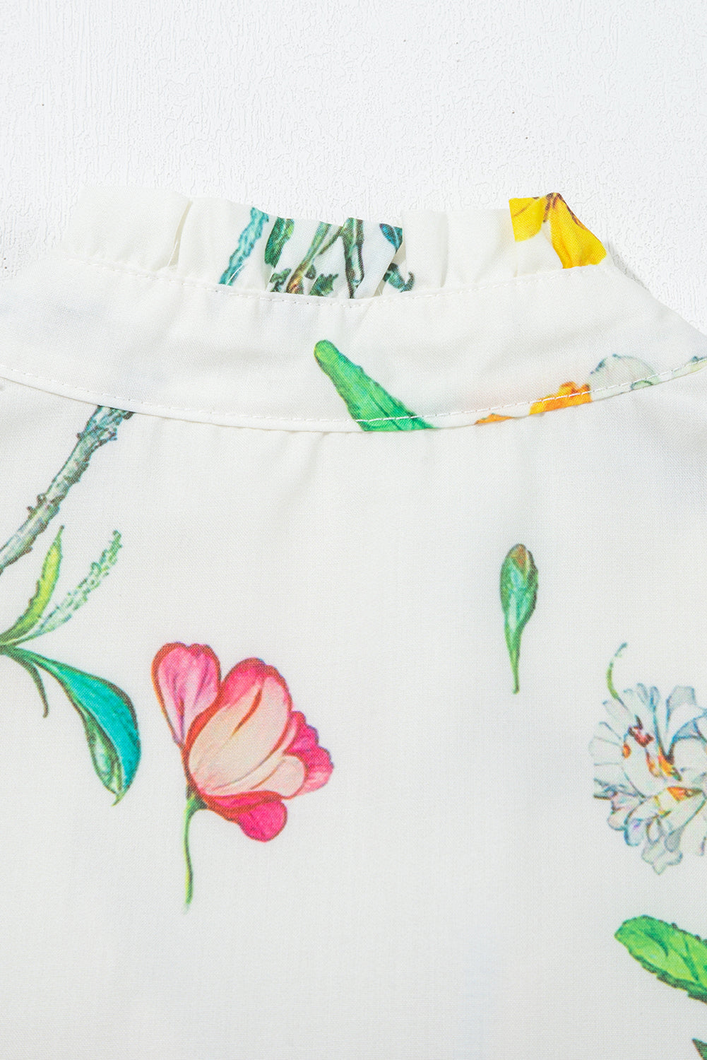 White Floral Print Contrast Striped Patchwork Short Puff Sleeve Dress