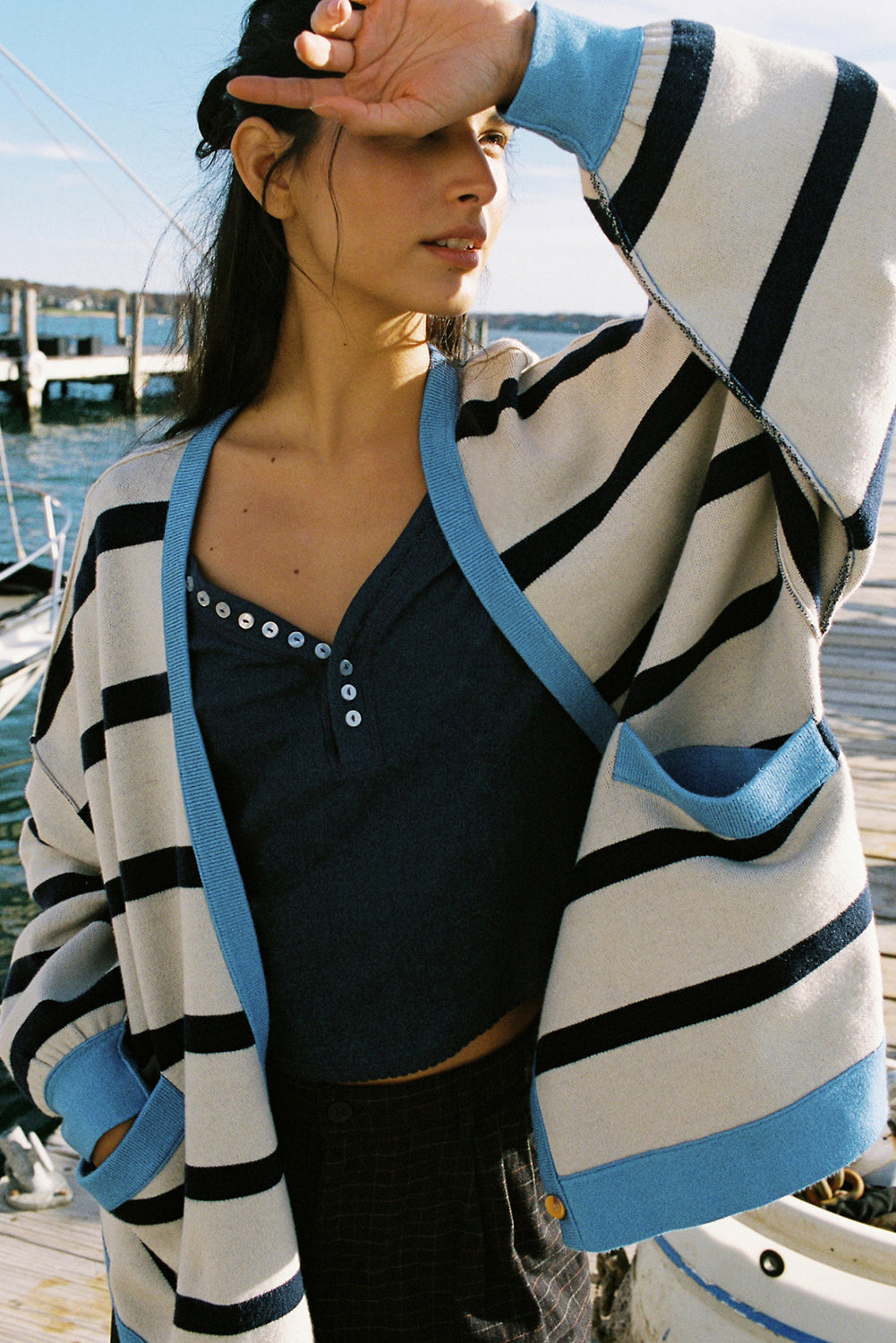 Pink Stripe Colorblock Drop Shoulder Buttoned Loose Cardigan