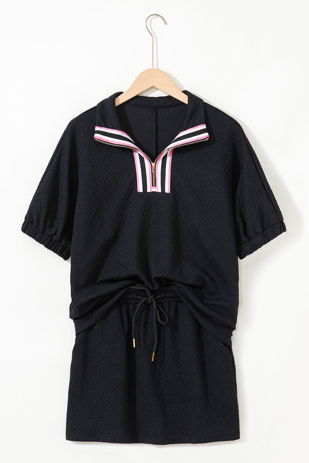 White Textured Jacquard Colorblock Edge Puff Sleeve Quarter Zip Mini Dress