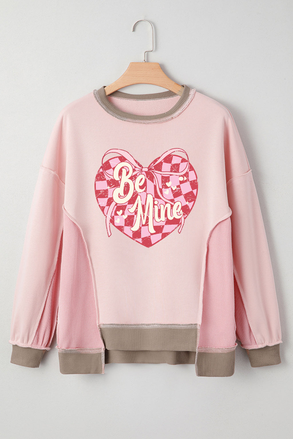 Light Pink Color Block Mix Texture Waffle Patchwork Oversize Sweatshirt