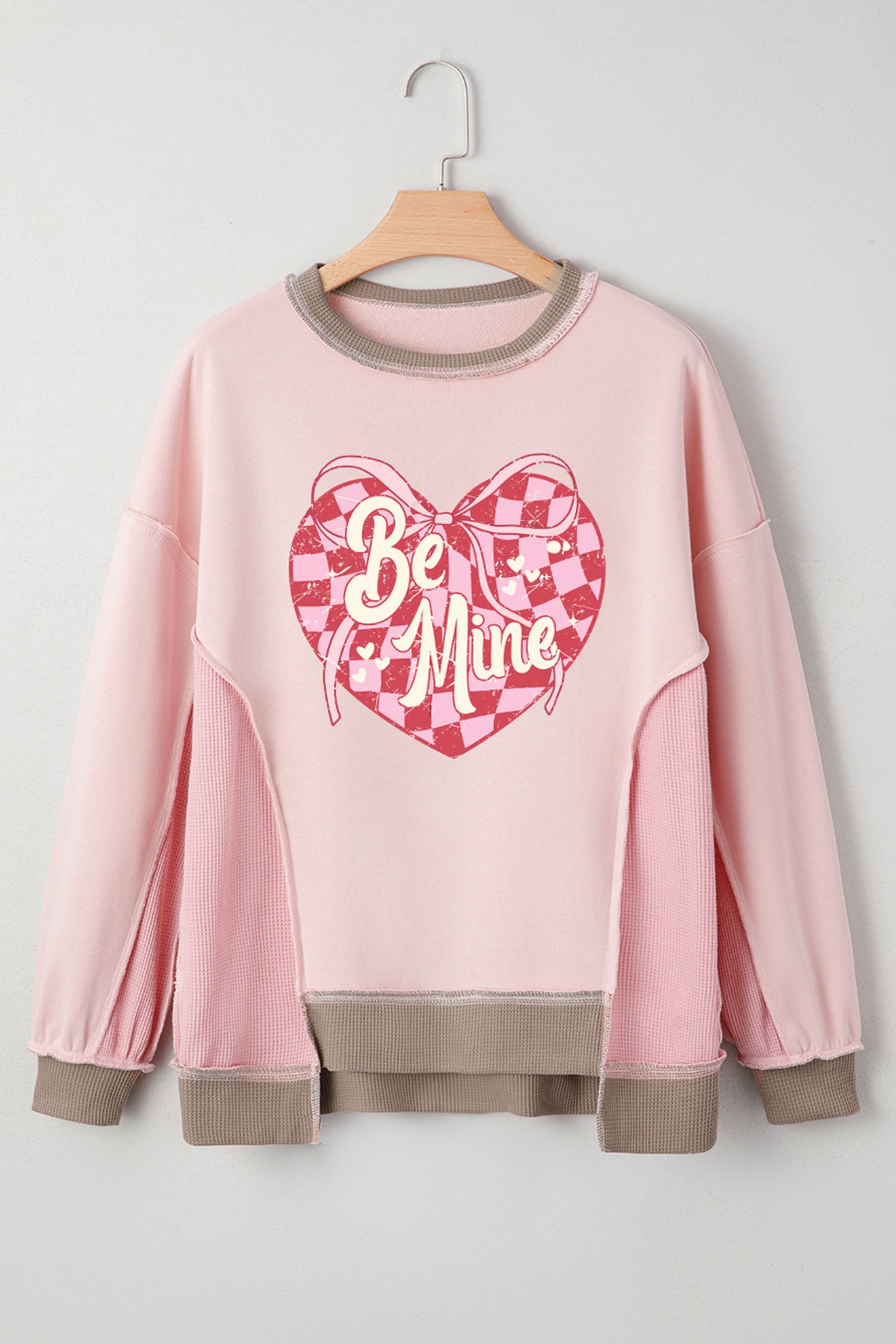Light Pink Color Block Mix Texture Waffle Patchwork Oversize Sweatshirt
