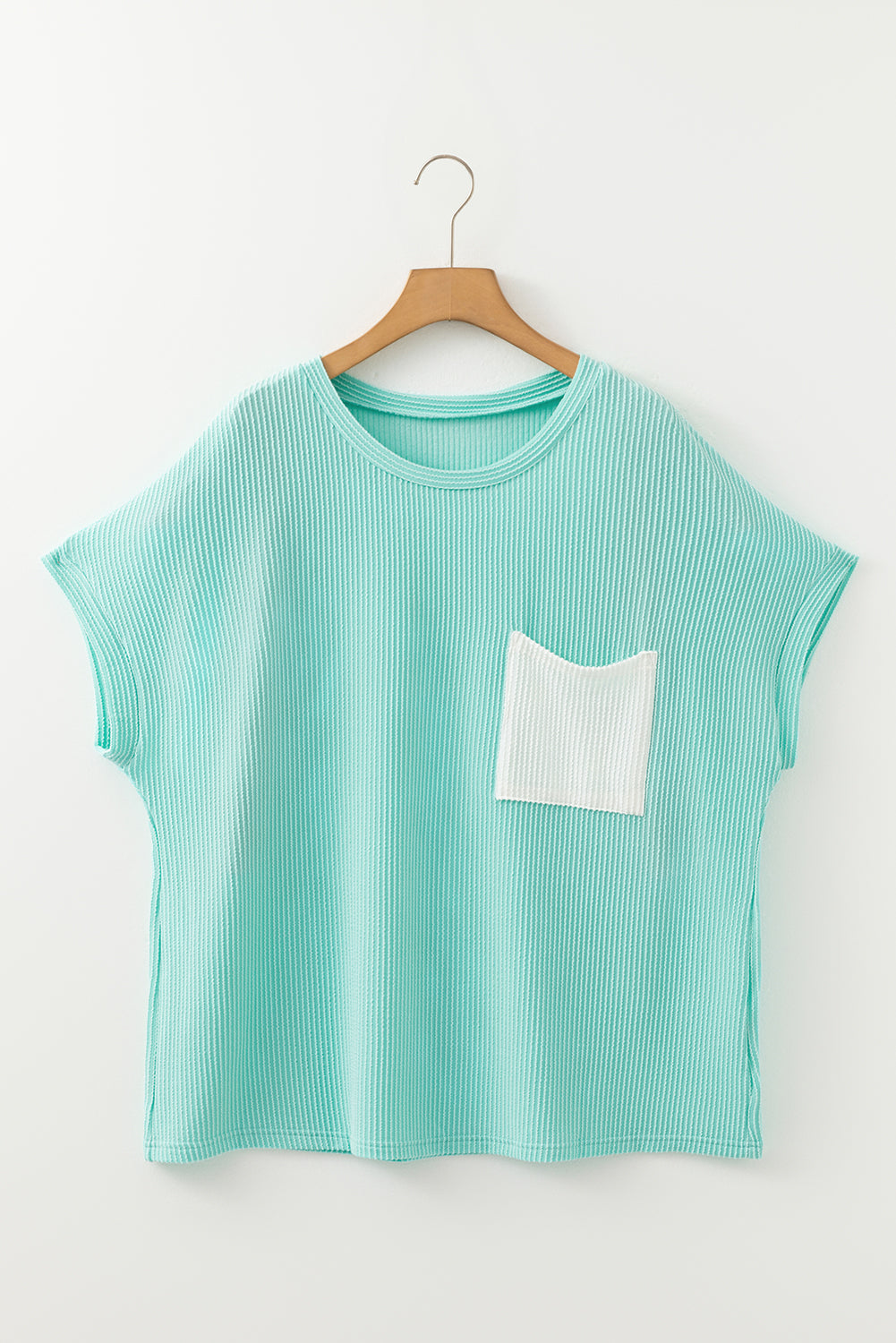 Dark Blue Corded Knit Color Block Pocketed Crew Neck T Shirt
