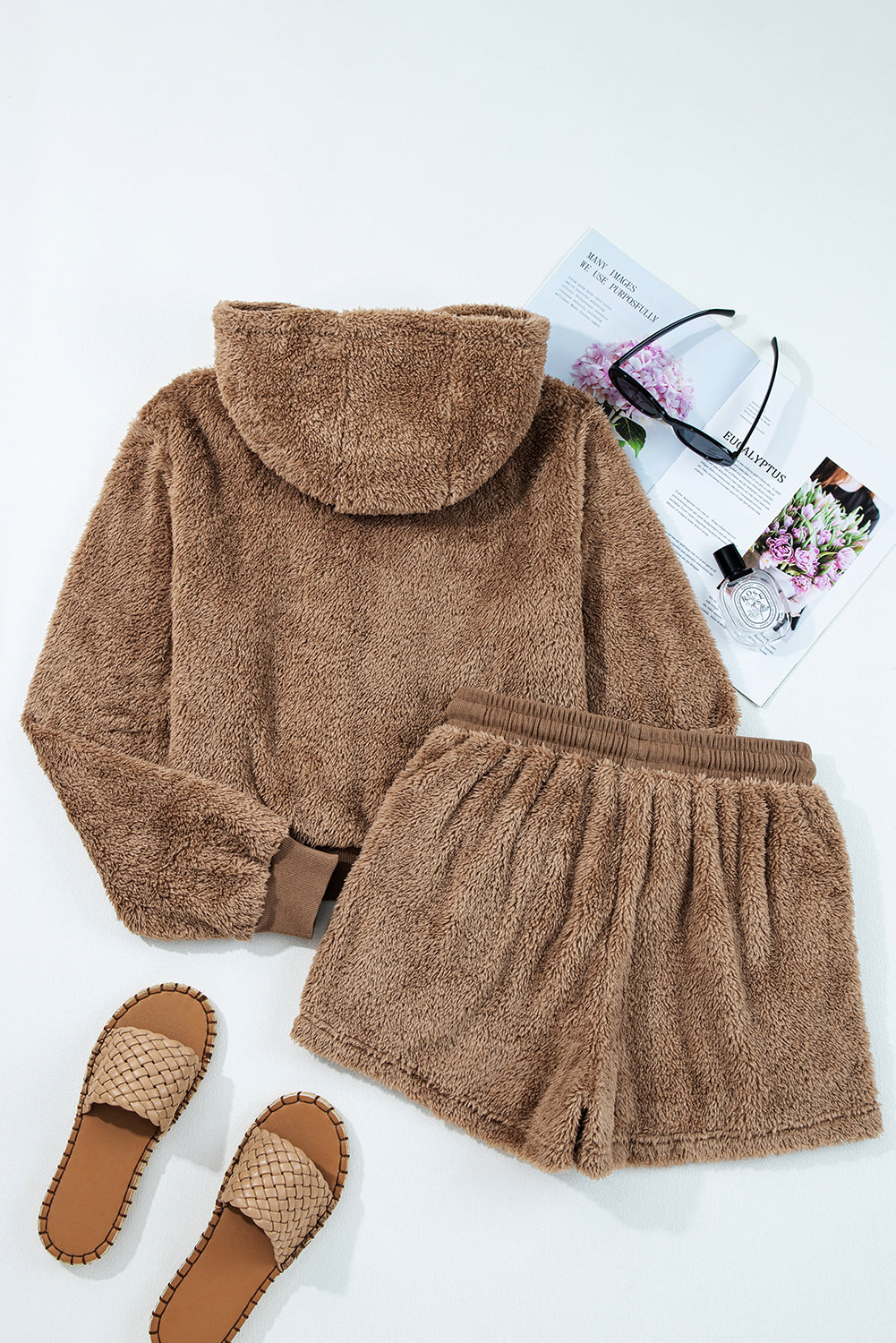 Parchment Zip Up Hoodie Drawstring Shorts Sherpa 2pcs Outfit