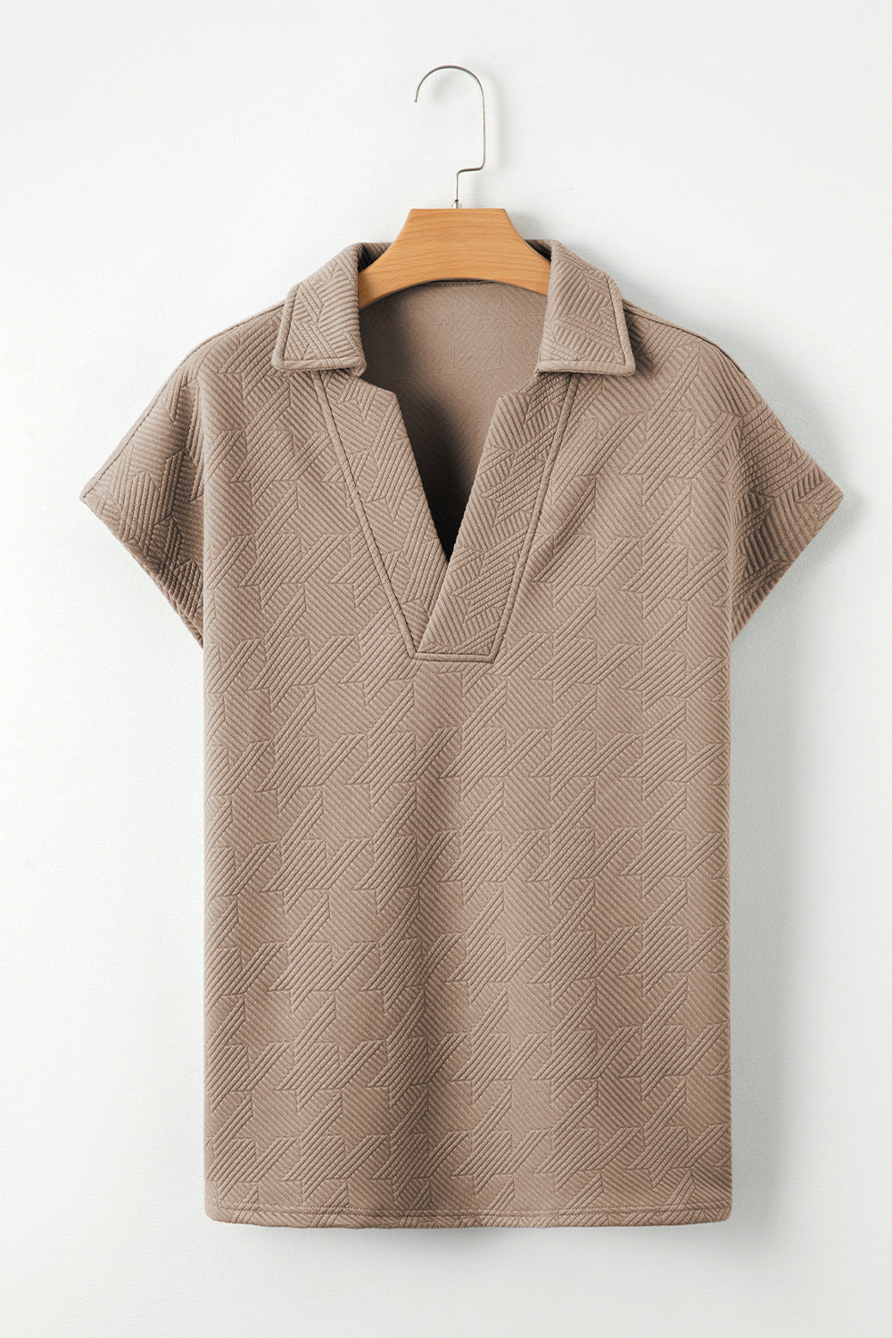 Rose Red Textured V Neck Collared Short Sleeve Top