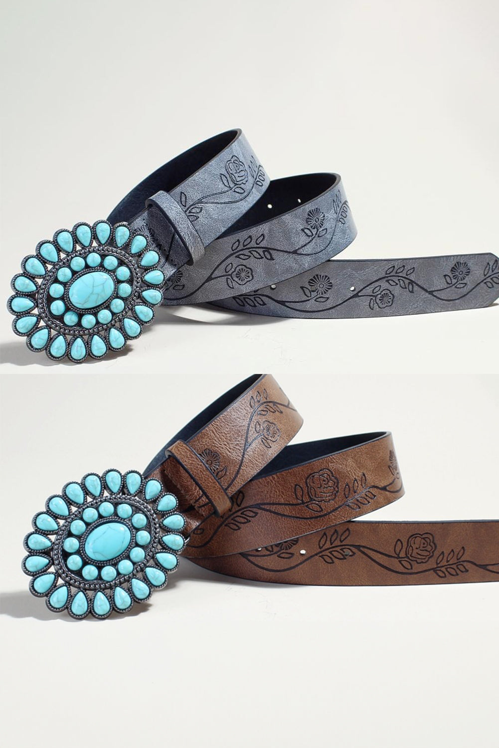 Chestnut Turquoise Gem Stone Western Fashion Faux Leather Belt