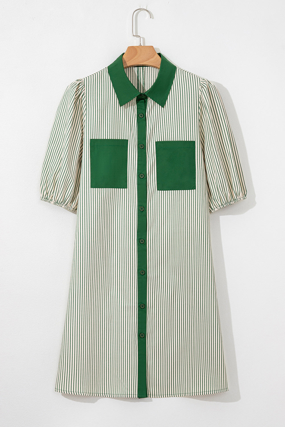 Black Stripe Color Block Patchwork Shirt Collar Button Down Puff Sleeve Mini Dress